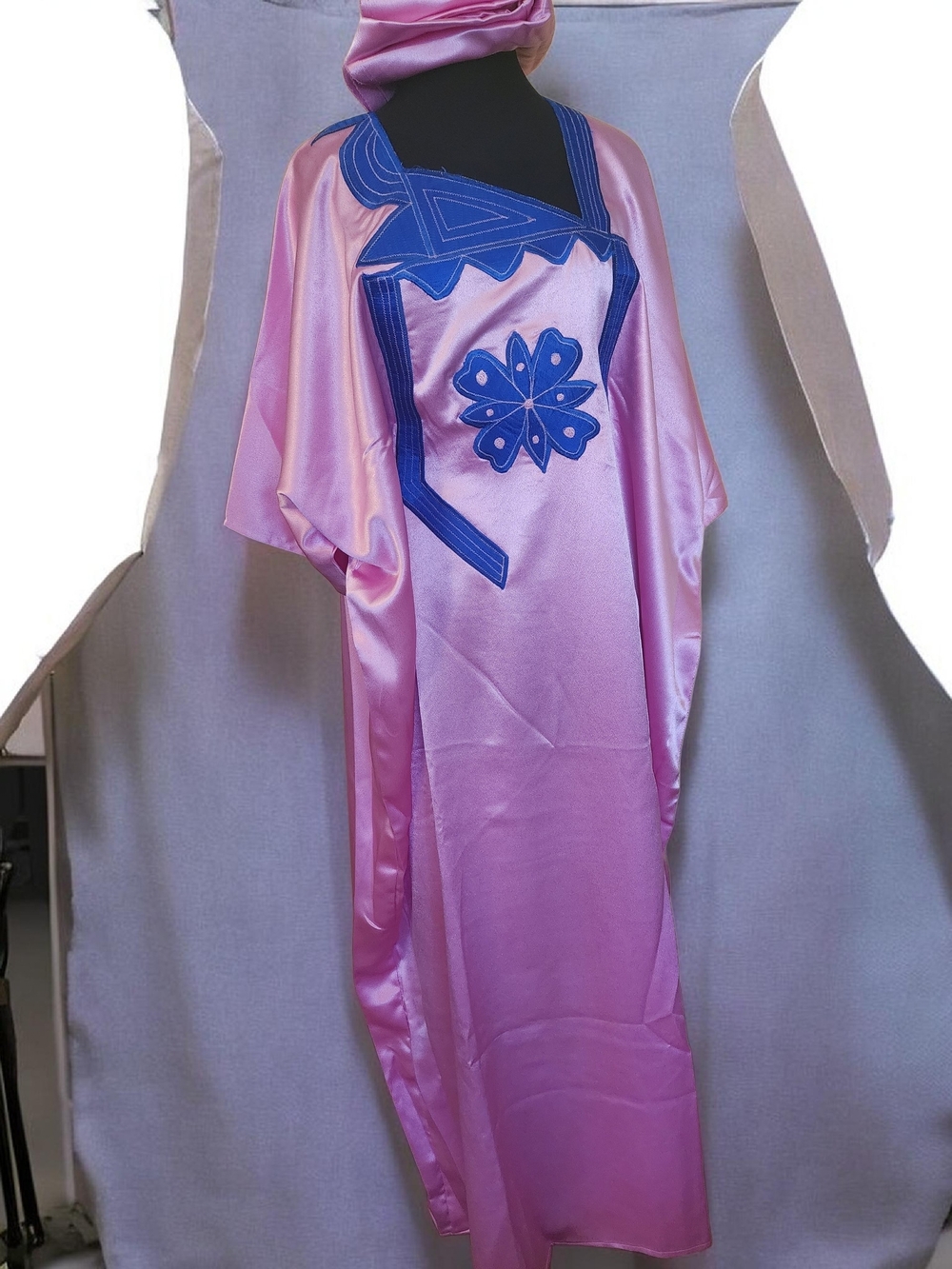 Satin Pink Kaftan Robe with Blue Embroidered Trim